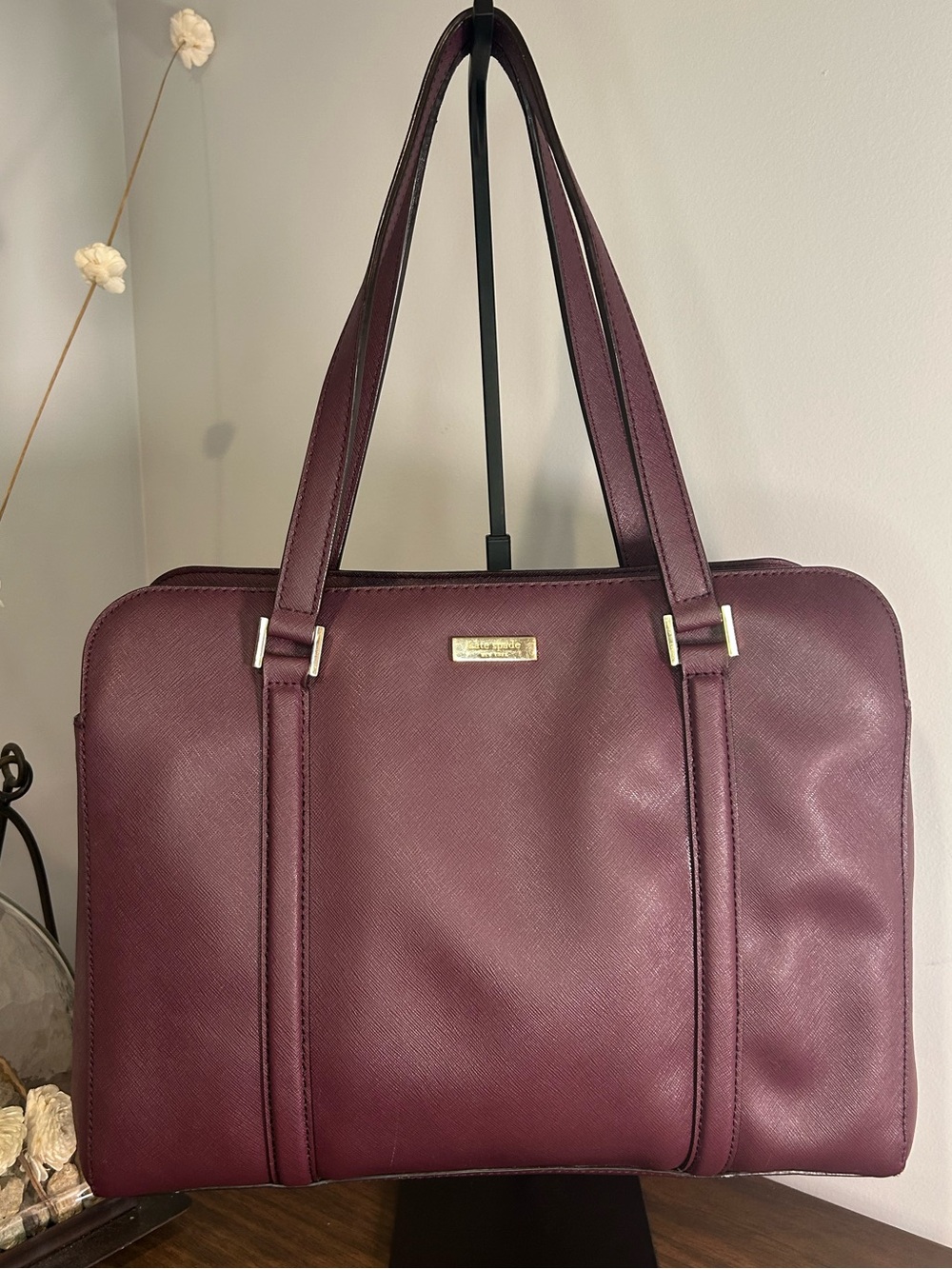 Kate Spade Plum Burgundy Saffiano Leather Medium Tote Bag Pattern Lining
